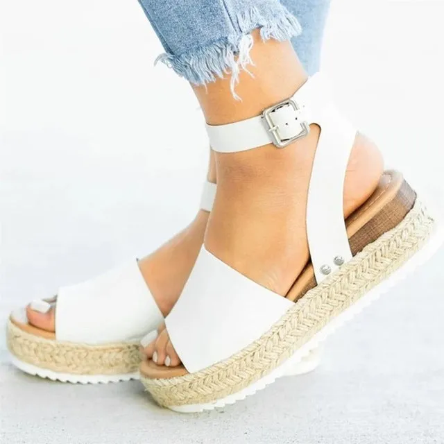 Ankle Strap Wedge Sandals for Women with One-Button Buckle