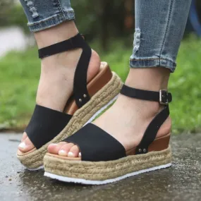 Ankle Strap Wedge Sandals for Women with One-Button Buckle