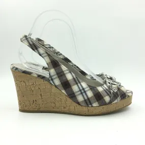 Fashionable American Eagle Womens Size 10 Cream Brown Plaid Cork Wedge Heels Shoes