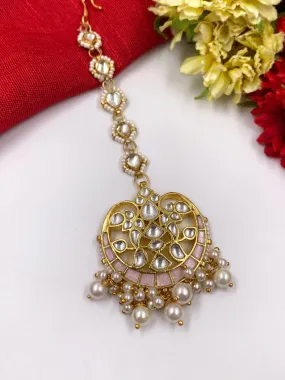 Gold Plated Jadau Kundan And Pearl Maang Tikka For Ladies By Gehna Shop