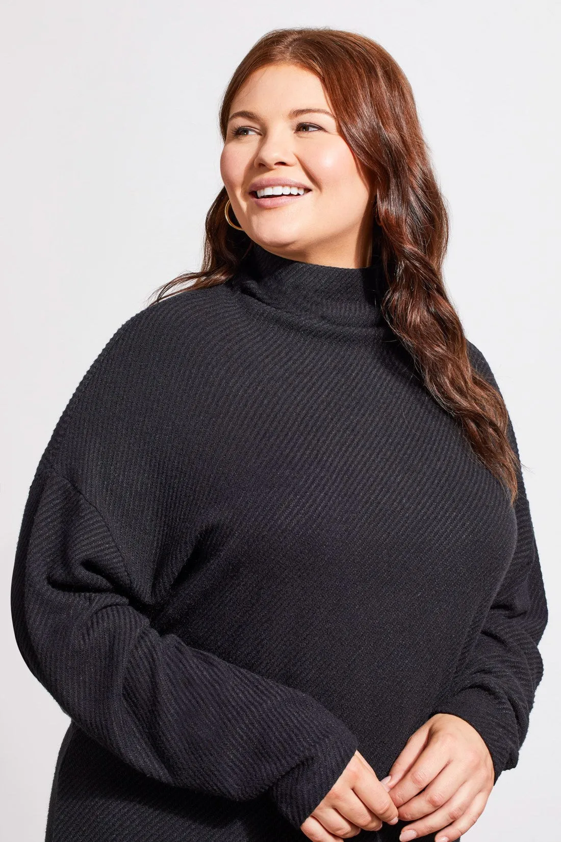 KNIT LOOSE FIT DROP SHOULDER FUNNEL NECK TOP-Black