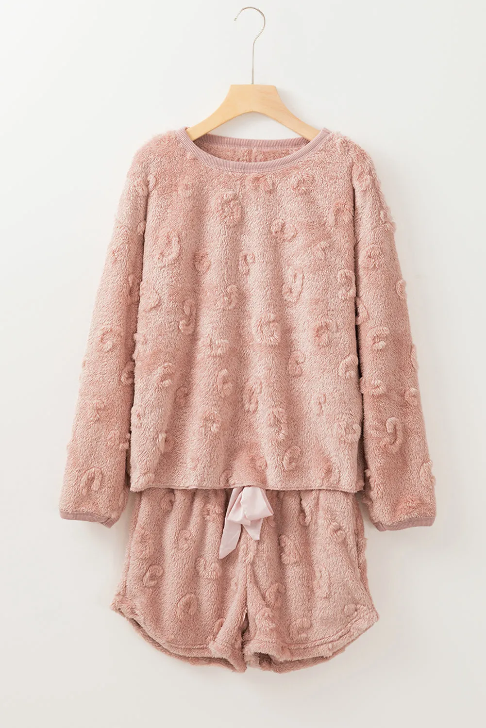 Light Pink Textured Leopard Fleece Loose Two Piece Lounge Set