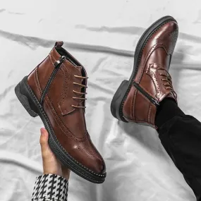 Men's Block Heel Brogue Combat Boots | Lace-Up with Side Zipper Design