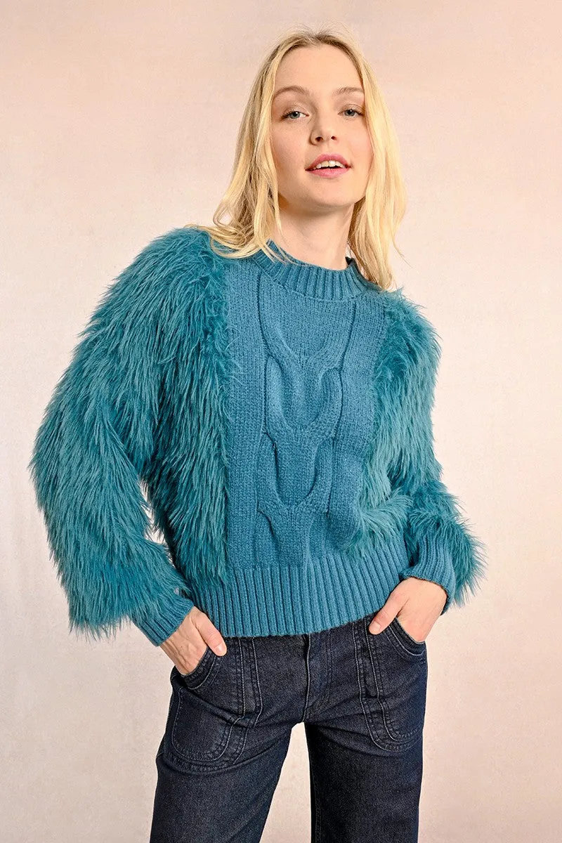 Molly Bracken Petrol Blue Cable-knit Sweater With Textured Sleeves