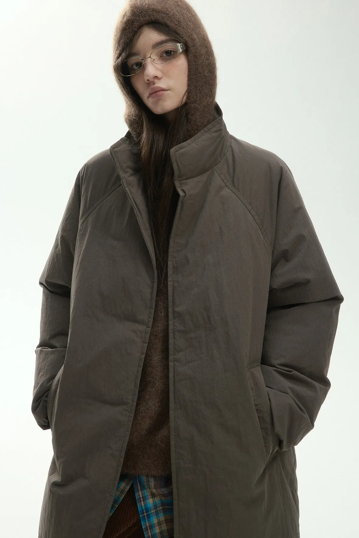 Paper-like textured stand-collar cocoon shape down coat | 3 color