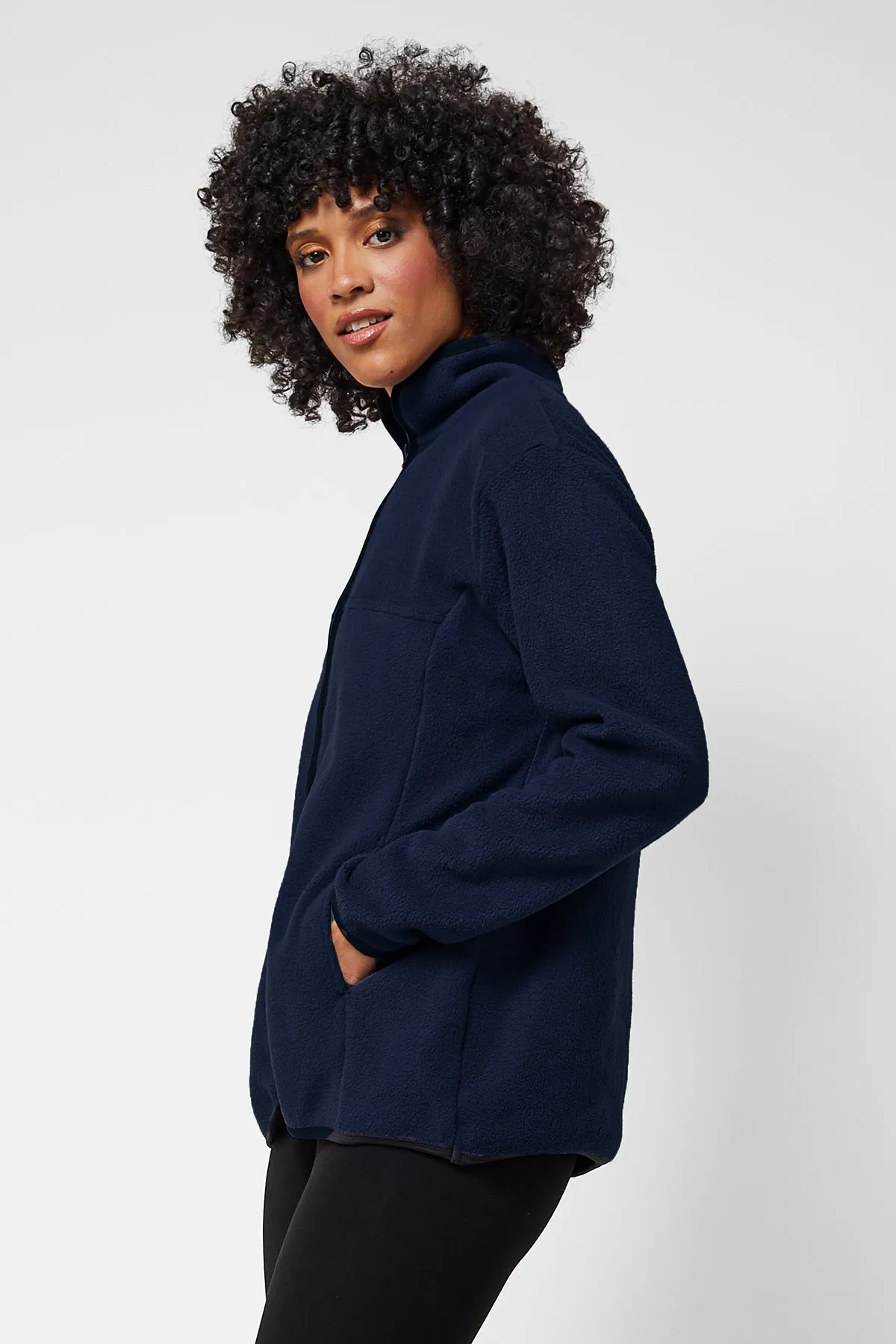 Trimmed Fleece Jacket with Pockets Navy