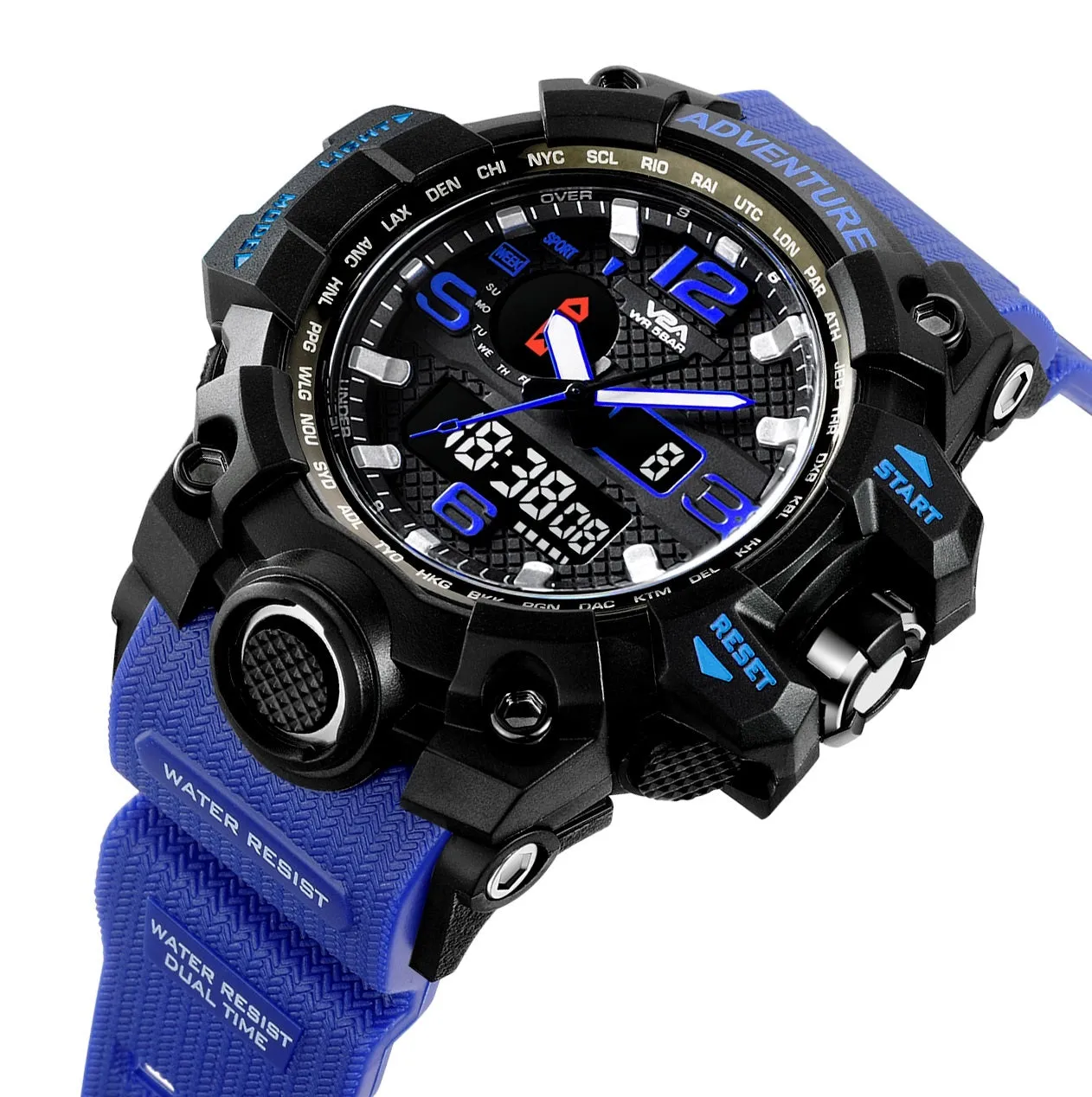 V2A Adventure Chronograph Shock Resistant Army Digital Analog Watch with Dual Time Zone and Countdown Timer for Men and Boys (Blue)