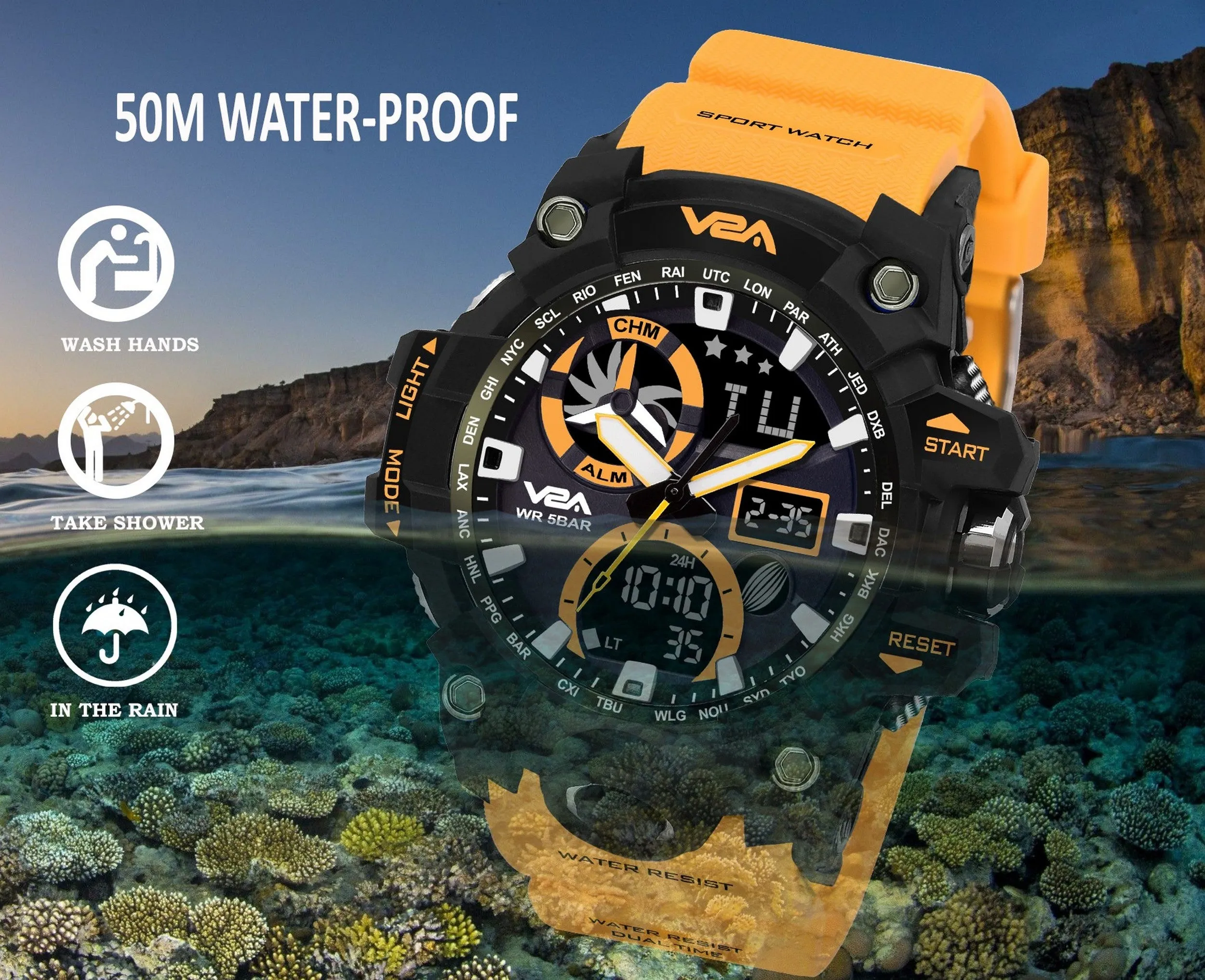 V2A Orange Chronograph Shockproof Waterproof Analog-Digital Day And Date Display Sports Watch For Men